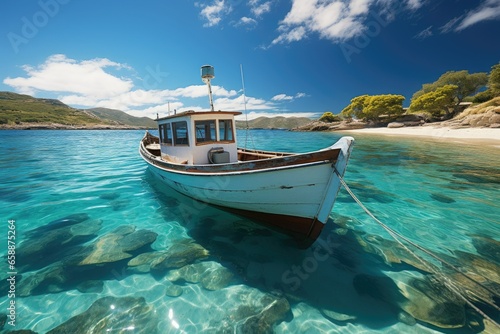 Boat in turquoise ocean water against blue sky with white clouds and tropical island © Asman