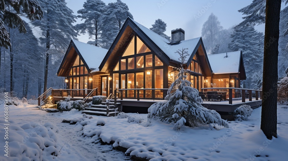 Deep snow blanketed the luxury cottage's contemporary facade in the wintertime..