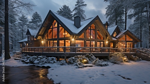 Deep snow blanketed the luxury cottage's contemporary facade in the wintertime.. © tongpatong