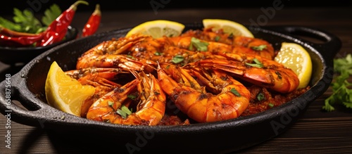 Fototapeta Naklejka Na Ścianę i Meble -  Grilled prawns in spicy tomato piri piri sauce a Portuguese seafood tapas at a restaurant in Lisbon With copyspace for text