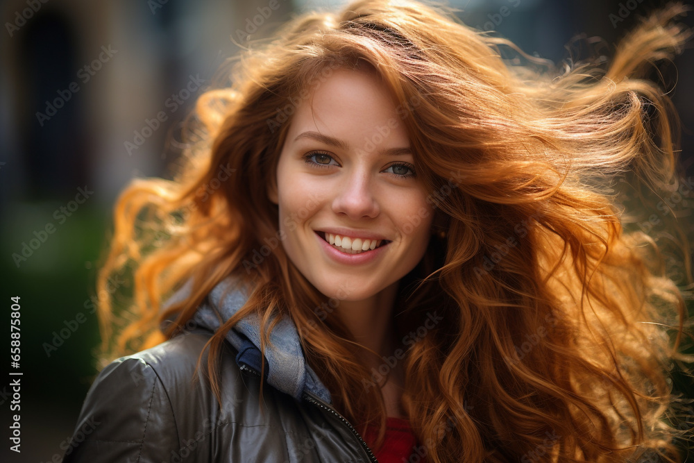 Beauty, make-up, lifestyles concept. Beautiful and happy young woman close-up outdoor portrait. Long hair brunette model smiling and looking at camera. Generative AI