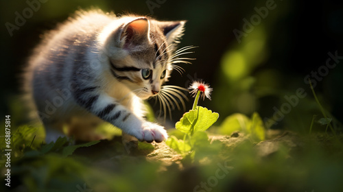 Young cat kitten hunting a ladybug