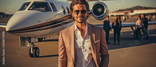 Billionaire, affluent businessman, or successful gorgeous man enjoying the journey aboard a private aircraft. photo