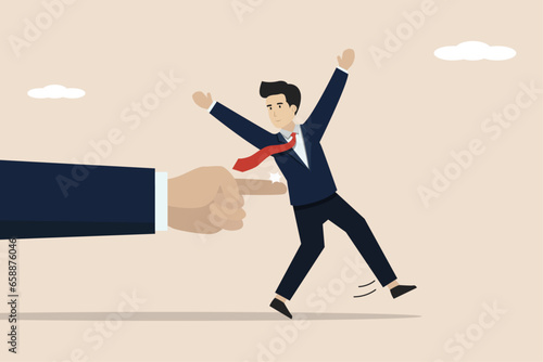 Nudge theory in business, guidance to make decisions or improve behavior, effective way for personal improvement concept, boss nudging employee entrepreneur. Illustration of a successful businessman. photo