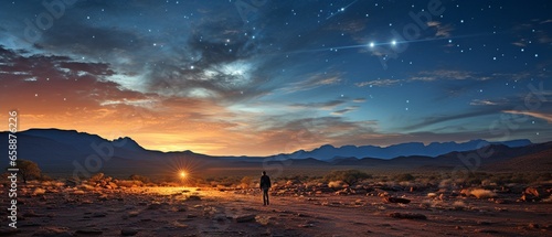 the milky way and a shooting star can be seen in the backdrop while the silhouette of a person strolling on a desert road is seen from behind..