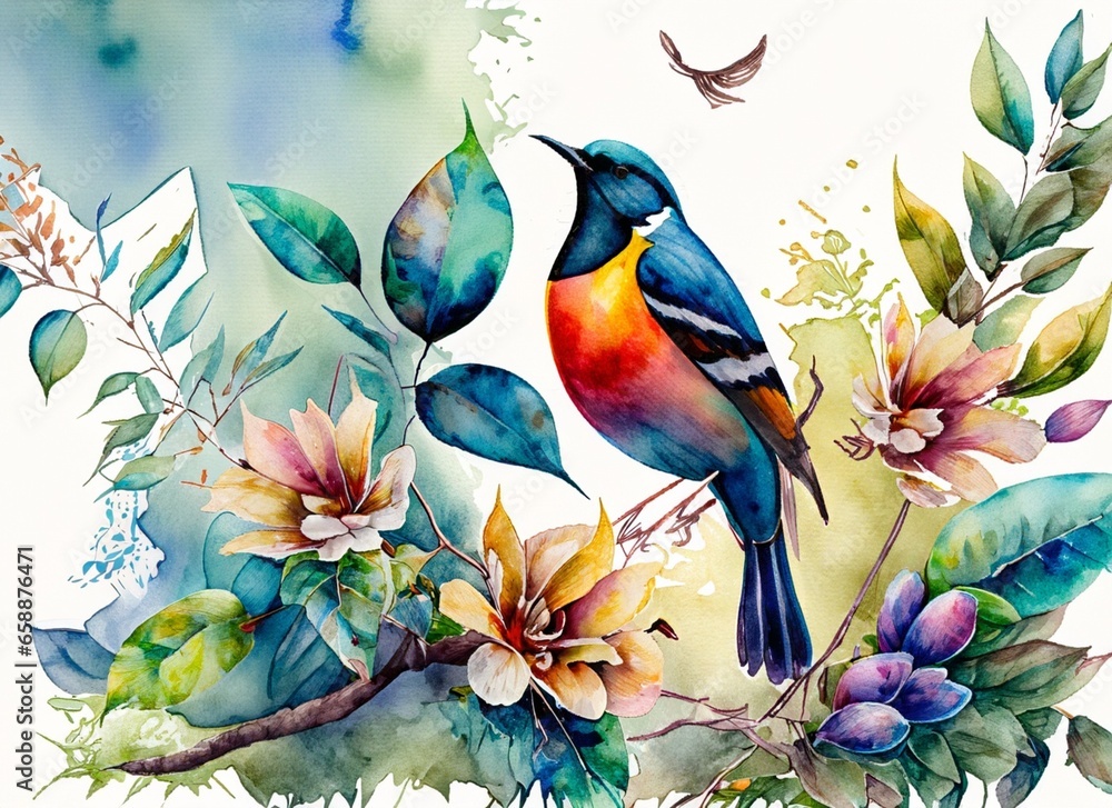 watercolor bird, bird flying, bird perched on tree branches, watercolor nature with bird
