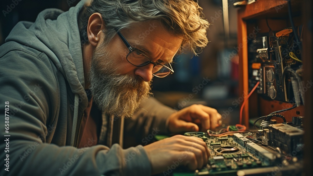 Fototapeta premium At home, a confused older guy is attempting to dismantle a router..