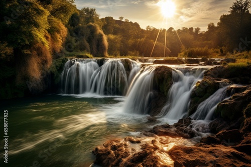 Beautiful waterfall amidst the scenic Tuscany landscape. Generative AI © Lila