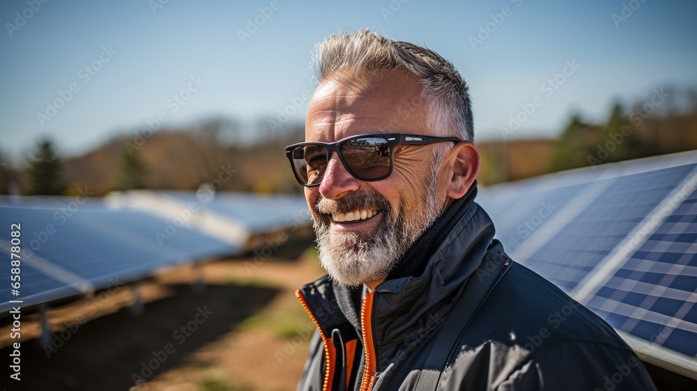 An engineer and a businessman study a blueprint at a solar farm.. An engineer and a businessman study a blueprint at a solar farm..