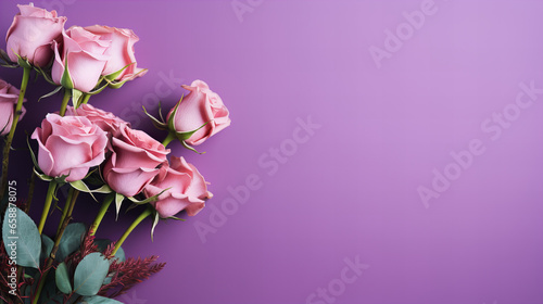 bouquet of pink roses on violet background, Bright spring flowers. White tulips close up. Natural background. International Women's Day, Mother's Day, Birthday concept. Invitation, postcard design