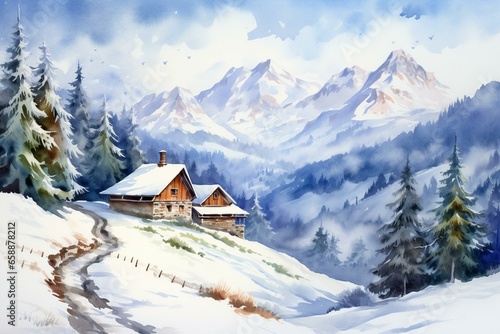 Snowy mountain landscape with a quaint house and road, painted using watercolors. Generative AI © Kato