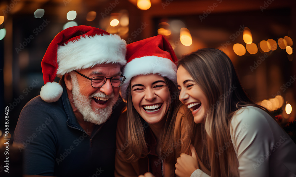 Father and daughters have fun on Christmas Eve - Happy friends in santa claus hat - Bokeh background Father and daughters have fun on Christmas Eve - Happy friends in santa claus hat - Bokeh background