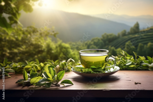 Drinks, leisure, healthy lifestyles and travel concept. Cup of green tea placed on table in tea plantations and mountains landscape background. Sun illumination. Generative AI