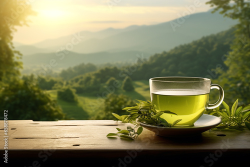 Drinks, leisure, healthy lifestyles and travel concept. Cup of green tea placed on table in tea plantations and mountains landscape background. Sun illumination. Generative AI