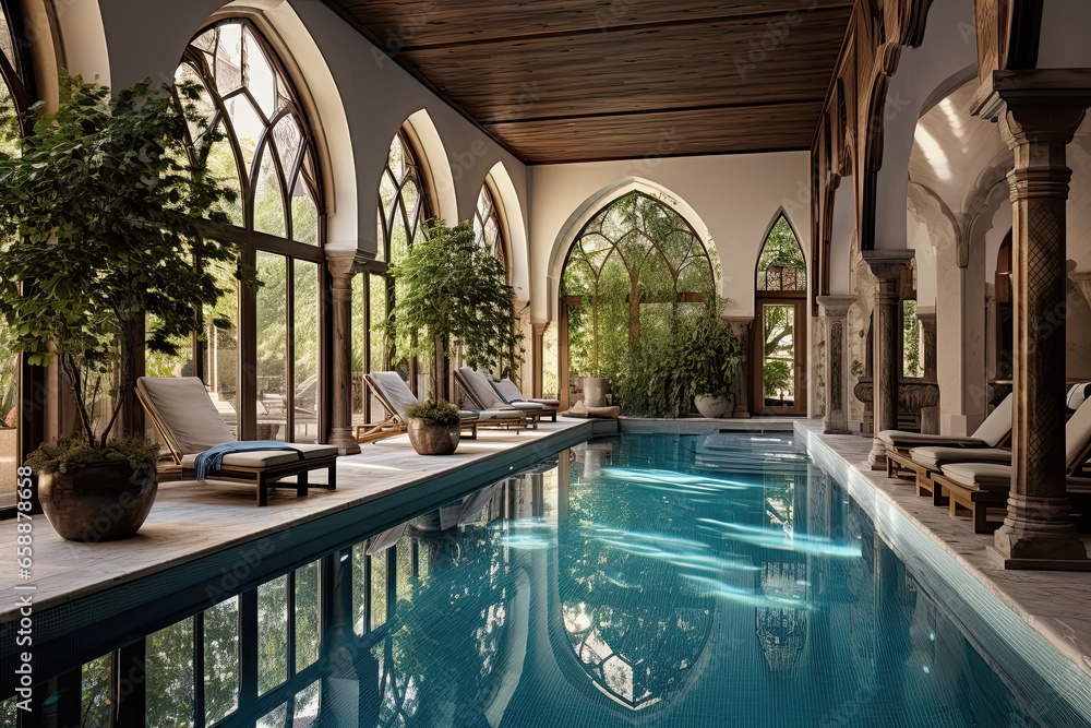 Mediterranean luxury villa indoor pool.  Generative AI - obrazy, fototapety, plakaty 