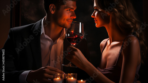 Dating, Couple Drinking Red Wine At Restaurant Table Together, Smilling happy Woman On in love and romance Date In Restaurant, Black Valentine day, 14 February