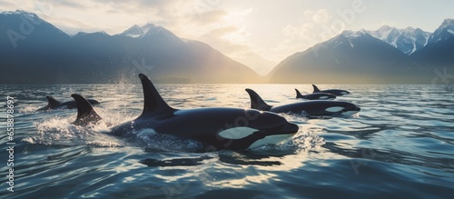 Orcas or killer whales in Norwegian fjord hunting herrings With copyspace for text © 2rogan