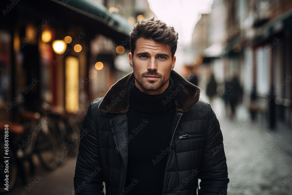 Fashion and lifestyles concept. Beautiful and happy young man close-up outdoors street portrait. Gorgeous model man with beard looking at camera. Urban blurred background. Generative AI Fashion and lifestyles concept. Beautiful and happy young man close-up outdoors street portrait. Gorgeous model man with beard looking at camera. Urban blurred background. Generative AI