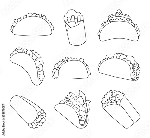 Tasty taco and burrito. Coloring Page. Mexican fast food. Vector drawing. Collection of design elements.