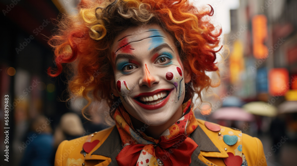 Mr Clown close up face. Portrait of Funny face Clown man in colorful uniform