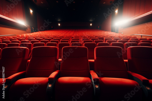 Movies and cinema, architecture concept. Abstract background of empty cinema theater red seats. Abstract background with copy space. Generative AI