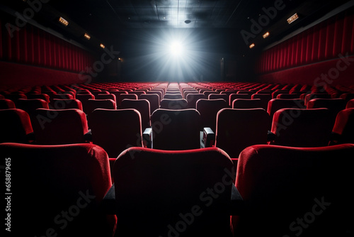 Movies and cinema, architecture concept. Abstract background of empty cinema theater red seats. Abstract background with copy space. Generative AI photo