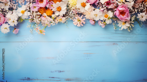 Garden flowers over blue wooden table background