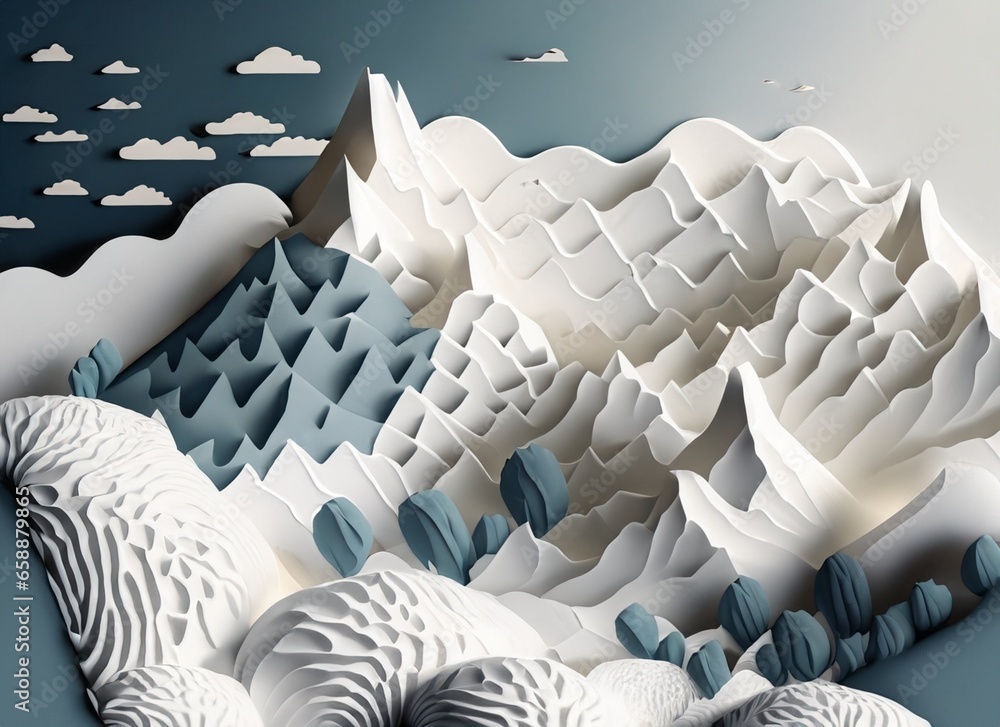 Fototapeta premium paper cut landscape forming mountain, mountain with sky, white mountain background in paper style, mountain origami, winter landscape with mountains made of paper cut 