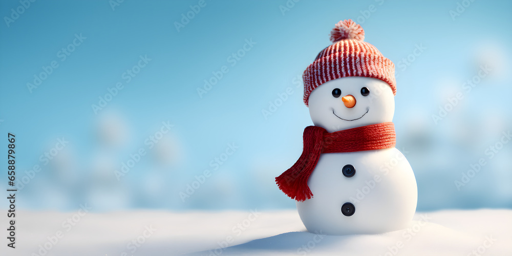 Obraz premium Christmas snowman miniature winter snow scene with copyspace on blue background