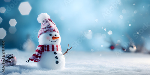 Christmas snowman miniature winter snow scene with copyspace on studio background © sam