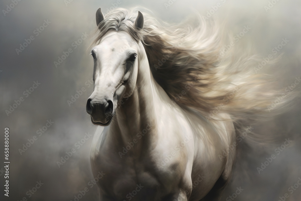 Gorgeous white horse galloping through the smoke, stunning illustration