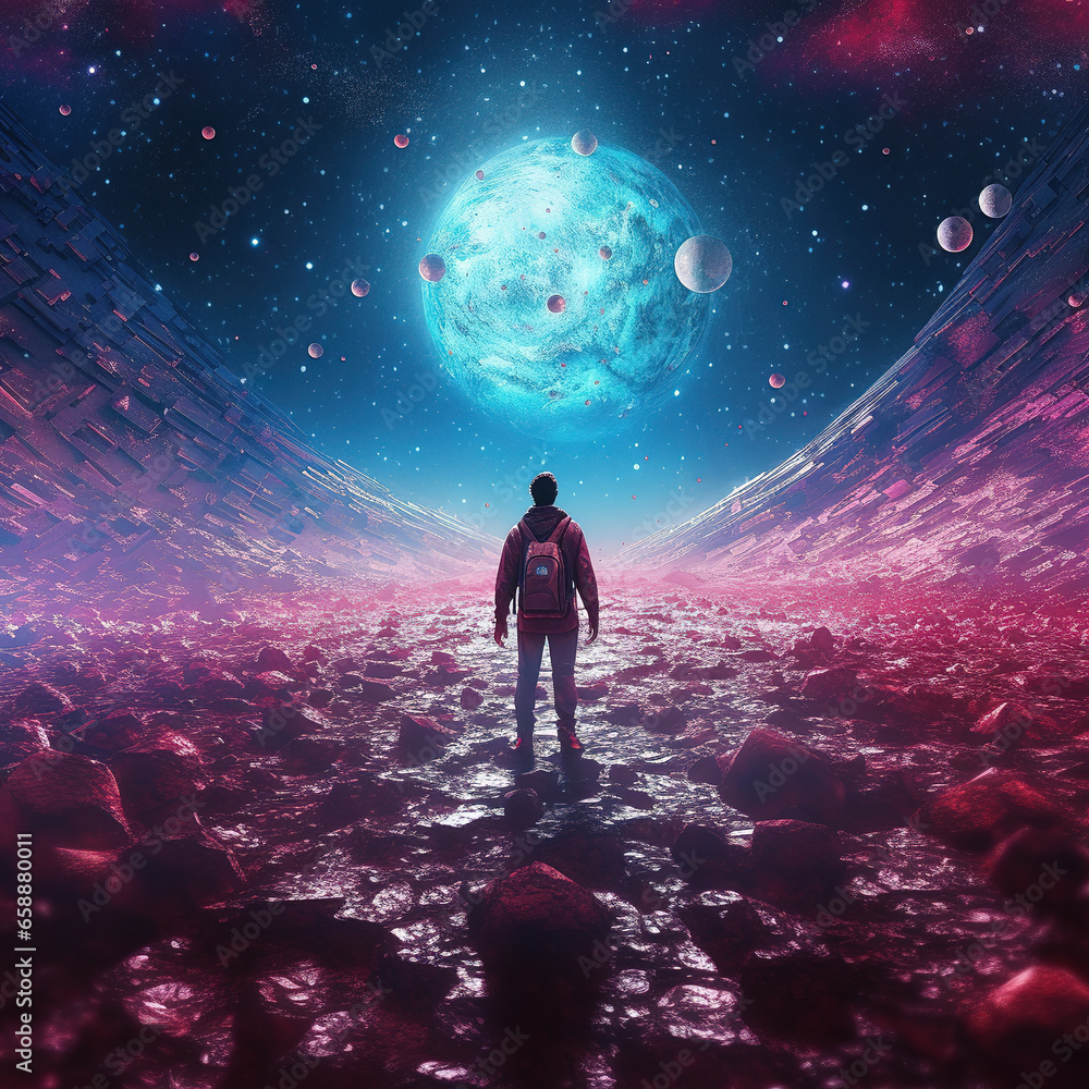 A silhouette of the human standing on the planet surface and looking on the home planet, rear view A silhouette of the human standing on the planet surface and looking on the home planet, rear view