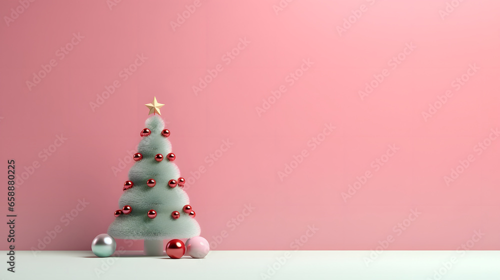 snow covered Christmas tree on white surface on pink background, neural network generated image. Not based on any actual scene or pattern. snow covered Christmas tree on white surface on pink background, neural network generated image. Not based on any actual scene or pattern.