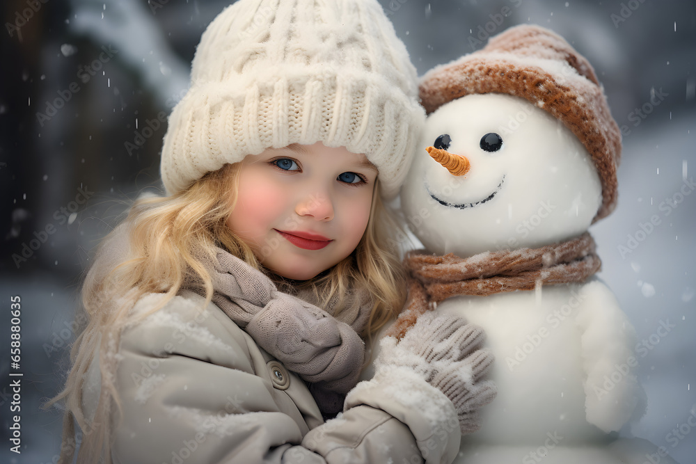 Winter portrait of young girl with snowman Winter portrait of young girl with snowman