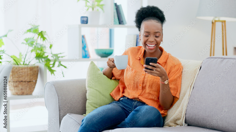 Coffee, woman and laugh with phone on sofa, reading social media post and mobile chat at home. Happy african person drinking tea, scroll multimedia connection and funny meme online with smartphone Coffee, woman and laugh with phone on sofa, reading social media post and mobile chat at home. Happy african person drinking tea, scroll multimedia connection and funny meme online with smartphone