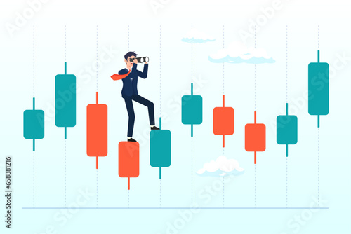 Businessman investor look on spyglass on trading candlestick chart, investment forecast or prediction, vision to see investing opportunity, future profit from stock and crypto trading (Vector)