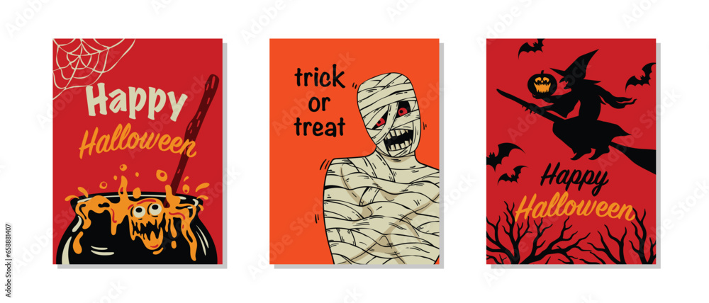 Vector set of Halloween party invitations or banners, posters, flyers, cards. Vector illustration. Pumpkin, Witch, Mummy, Cauldron. Spooky cartoon Vector Illustrations. 