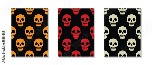 seamless pattern black yellow and red skulls on a black background.