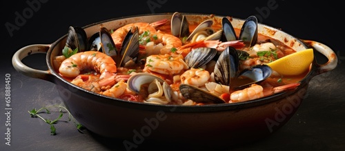 Traditional seafood stew cooked in a saucepan With copyspace for text