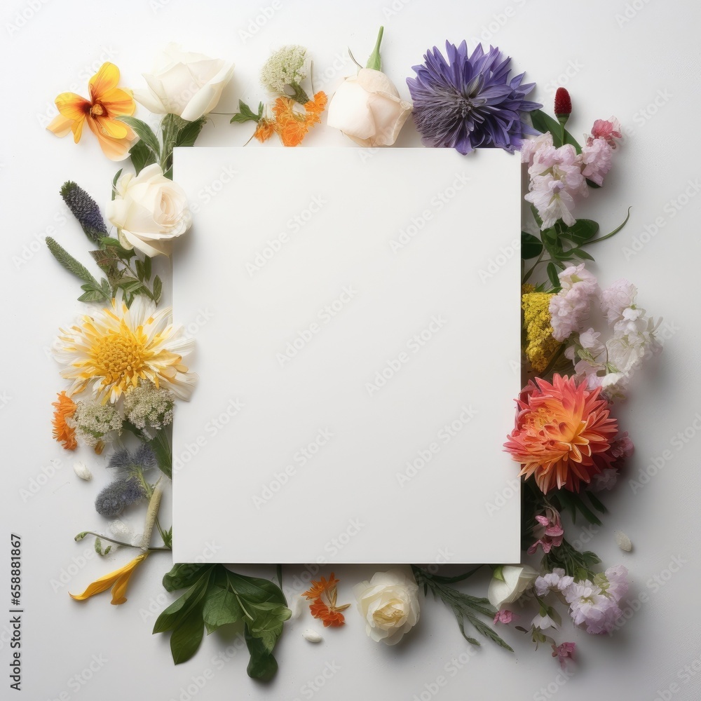 Beautiful large flat rectangle paper surrounded by flowers,white background. Generative AI image weber.