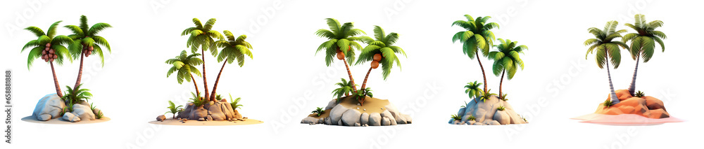 Set of tropical island with palm trees, isolated on white and transparent background, ai generate - obrazy, fototapety, plakaty 