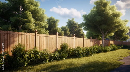 Nice wooden fence around house. Wooden fence with green lawn. Street photo, nobody, selective focus.