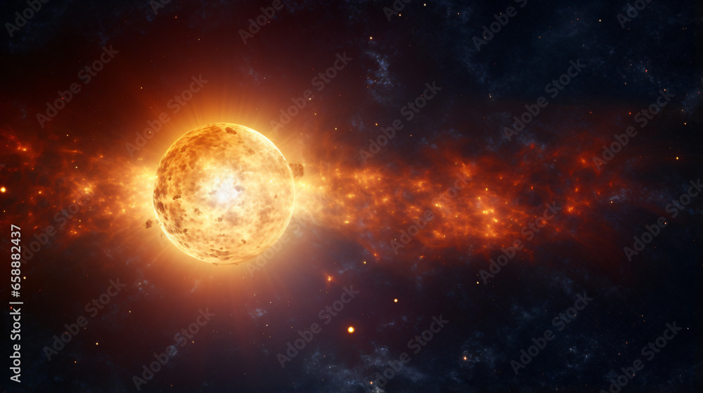 Panoramic view of the Sun, star, and galaxy.