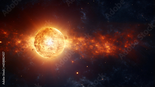 Panoramic view of the Sun, star, and galaxy.