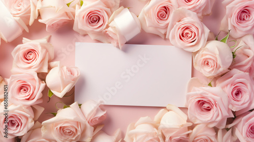Paper card between light pink roses and gift on light background