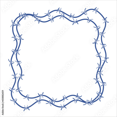 Barbed wire fence border frame illustration. Sharp thorns of barbwire barrier zone. Protection and security concept. Vector illustration.