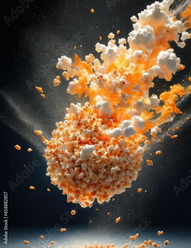 3DSplash fire Pop corn flying in the air in the style of mike spinning like a storm tracing, photo-realistic techniques, energetic and bold, mottled, clean and clear