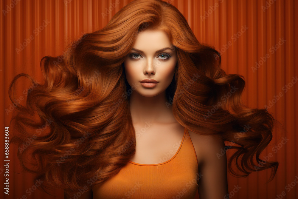 Redhead girl with long and shiny wavy red hair. Beautiful model with curly hairstyle