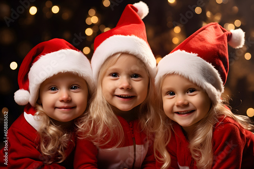 Christmas smiling little girls in Santa helper hats over bokeh lights background