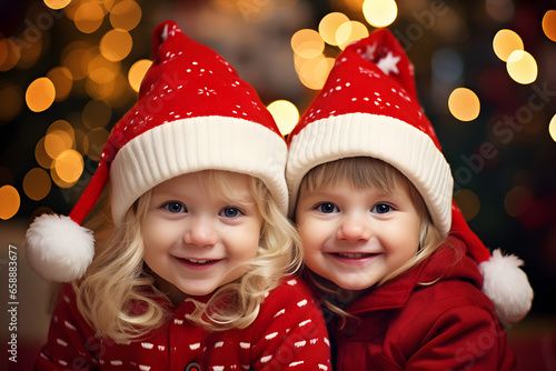 Christmas smiling little children in Santa helper hats over bokeh lights background